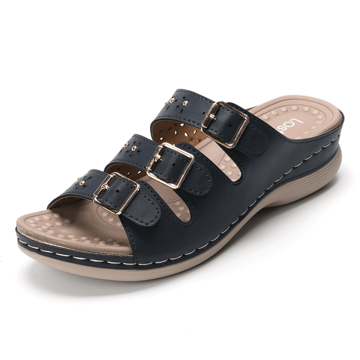 LOSTISY Women Opened Toe Buckle Beach Wedges Casual Slide Sandals - MRSLM