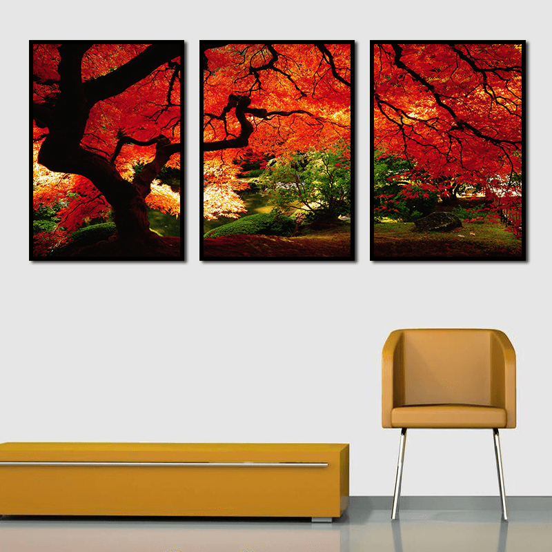 Miico Hand Painted Three Combination Decorative Paintings Maple Tree Wall Art for Home Decoration - MRSLM