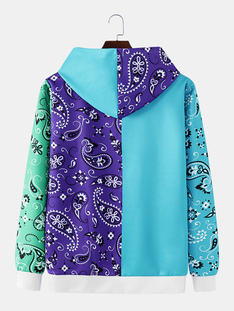 Men Paisley Patchwork Contrast Color Kangaroo Pocket Letter Hooded Sweatshirt - MRSLM