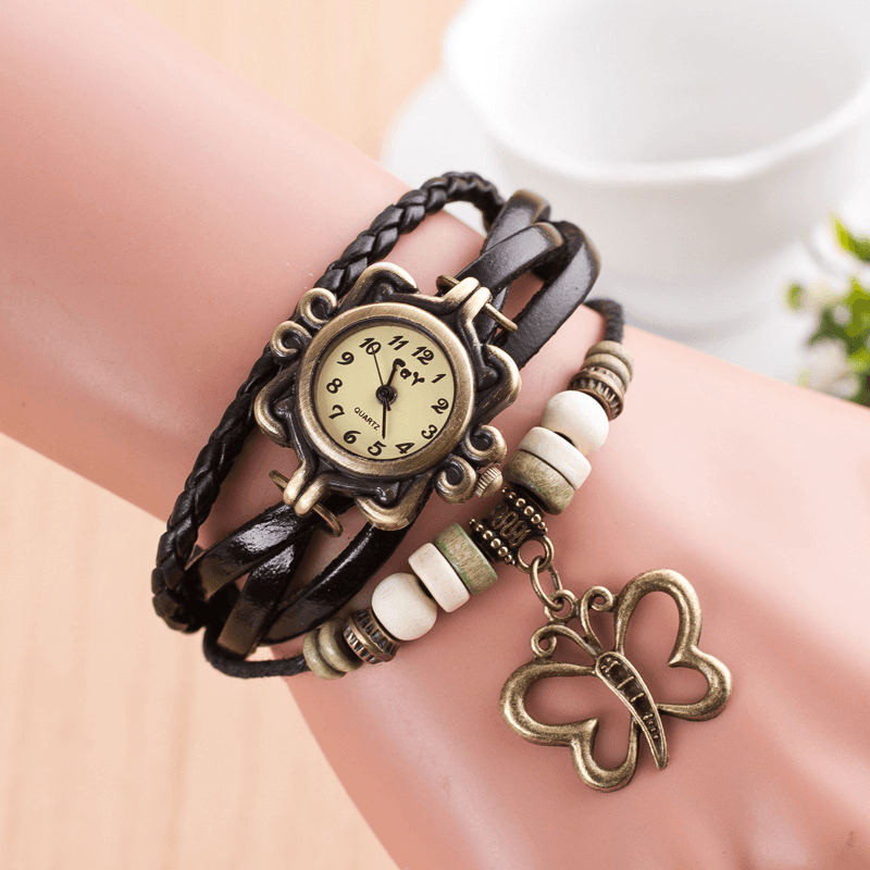 DOLAOR Multilayer Vintage Women Watch Hollow Butterfly Pendant Leather Retro Bracelet Watch - MRSLM