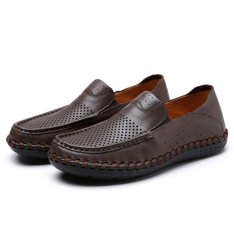 Men Leather Breathable Hollow Out Hand Stitching Soft Sole Non Slip Comfy Casual Shoes - MRSLM