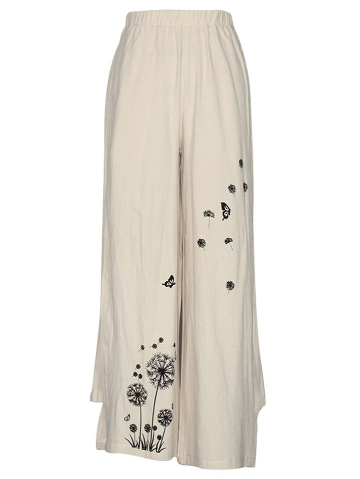 Women Floral Print Elastic Waist Loose Wide Leg Pants with Pocket - MRSLM