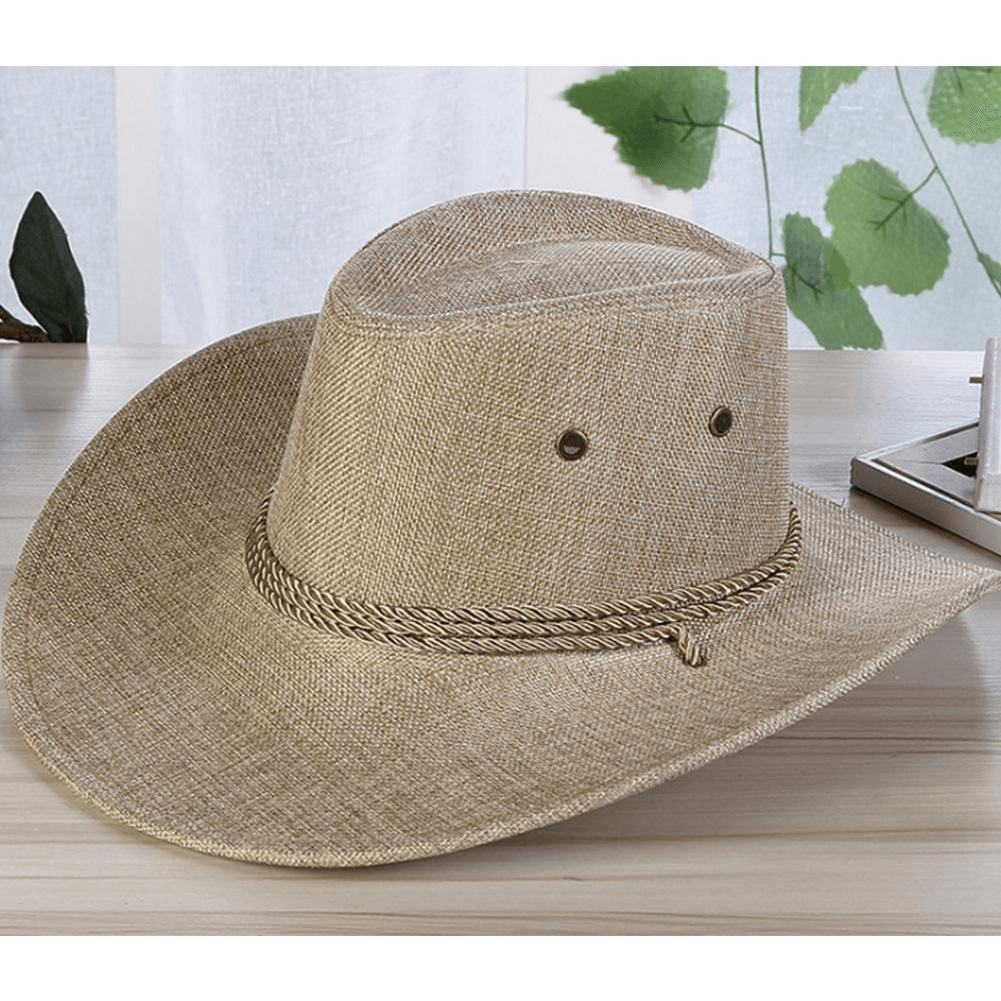 Men'S Linen Solid Color Cool Western Cowboy Male Cycling Hat Accessories Sunscreen - MRSLM