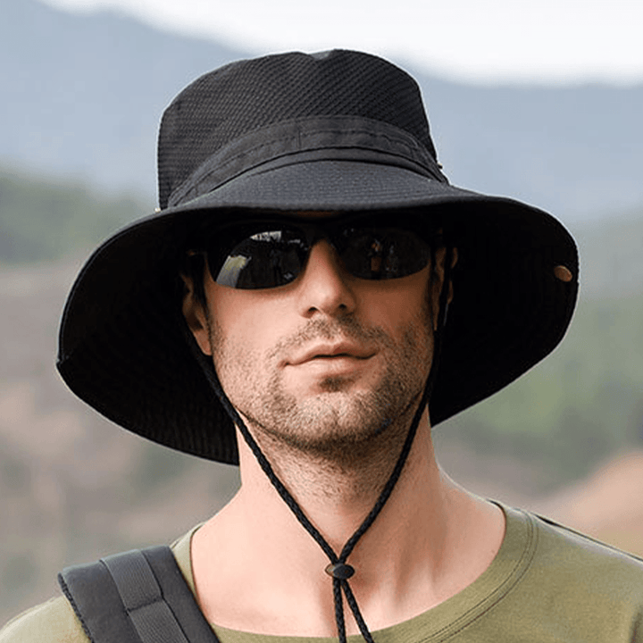 Mens Foldable Breathable Bucket Hat with String Outdoor Fishing Hat Climbing Sunshade Caps - MRSLM