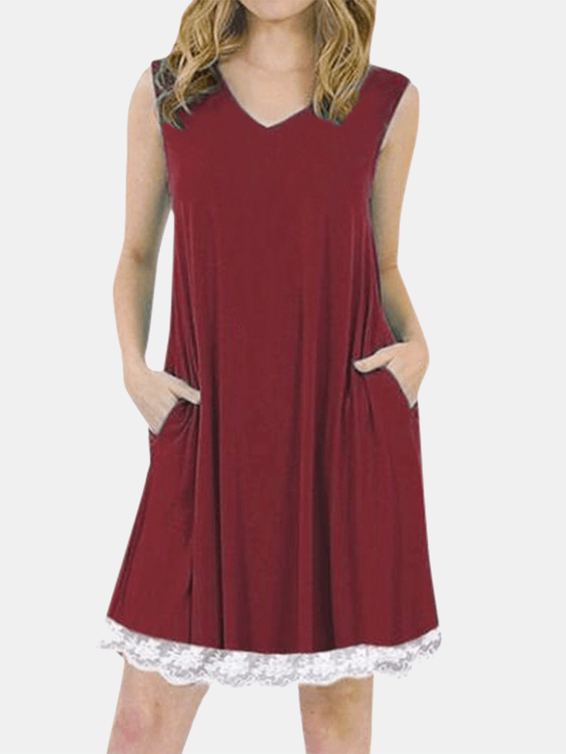 Summer Lace Patchwork Sleeveless Loungewear V-Neck Daily Casual Dress - MRSLM