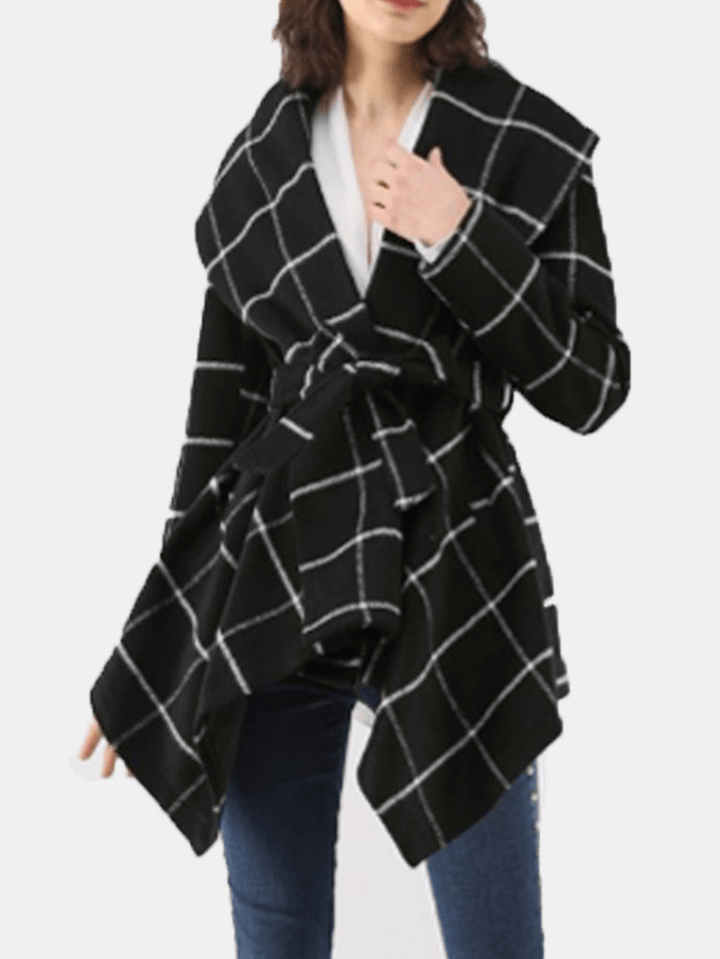 Women Plaid Long Sleeve Asymmetrical Hem Coats with Sashes - MRSLM