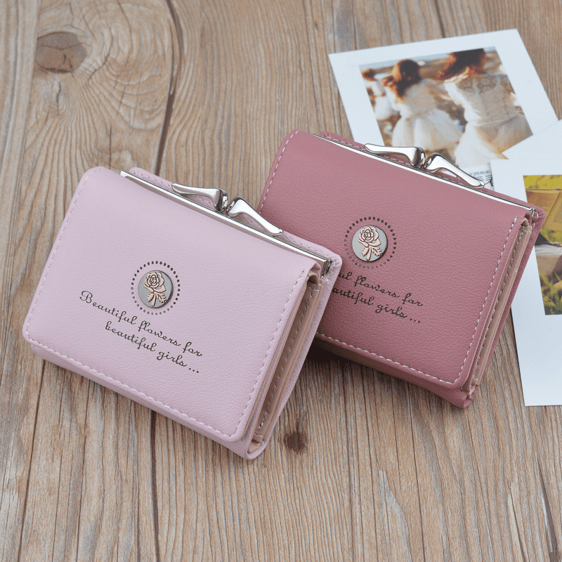 Women PU Leather Floral Clutch Short Solid Buckle Ladies Wallet Mini Portable Credit Card Purse - MRSLM