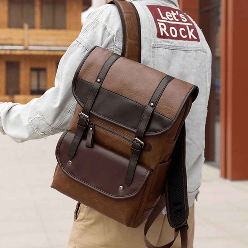 Men Anti-Theft Large Capacity PU Leather Backpack Casual Vintage Shoulder Bag - MRSLM