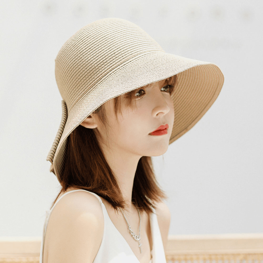 Women Foldable Rear Split Design Bow Straw Hat Adjustable Breathable Summer Casual Wild Sunshade Bucket Hat - MRSLM