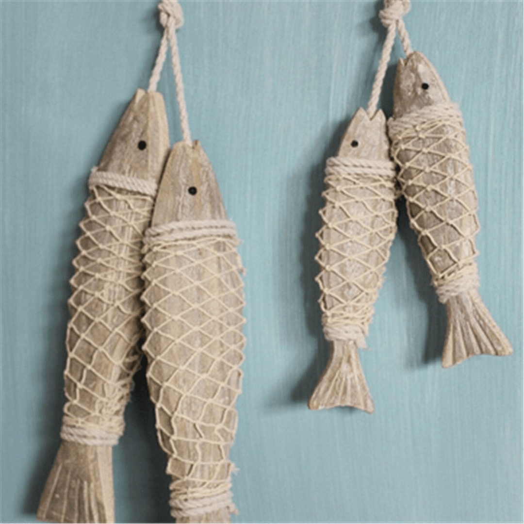 2Pcs Handmade Coastal Art Design Carved Wooden Marine Fish Wall Sculpture - MRSLM