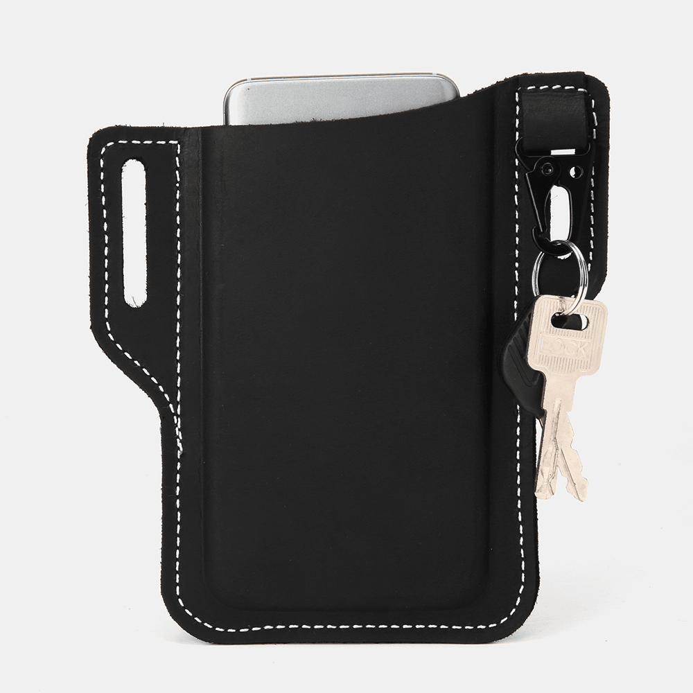 Men Genuine Leather Retro Easy Carry Car Keychain Phone Bag Belt Bag Waist Bag with Belt Loop - MRSLM