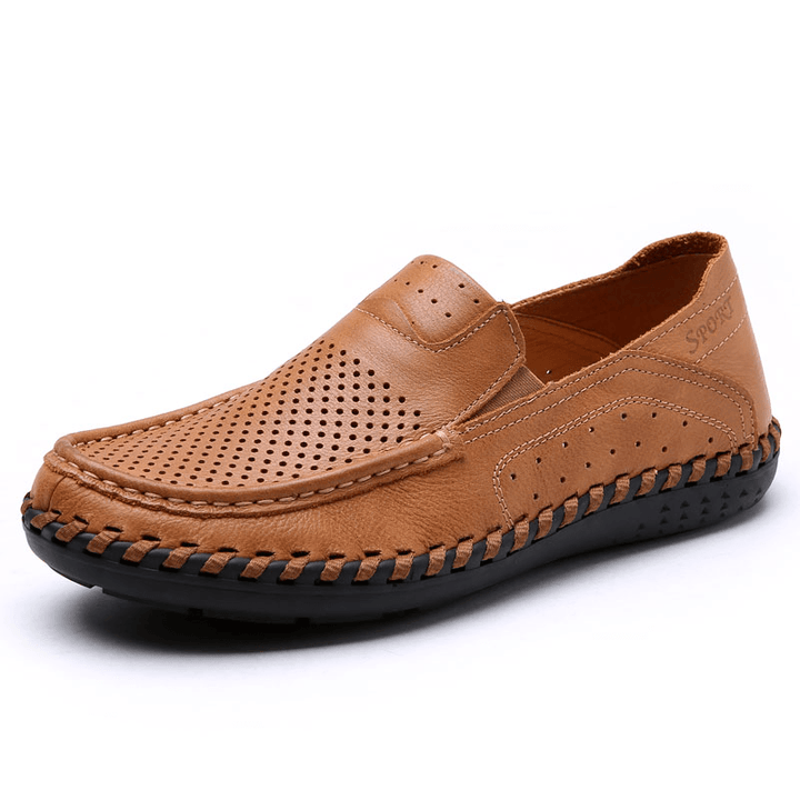 Men Leather Breathable Hollow Out Hand Stitching Soft Sole Non Slip Comfy Casual Shoes - MRSLM