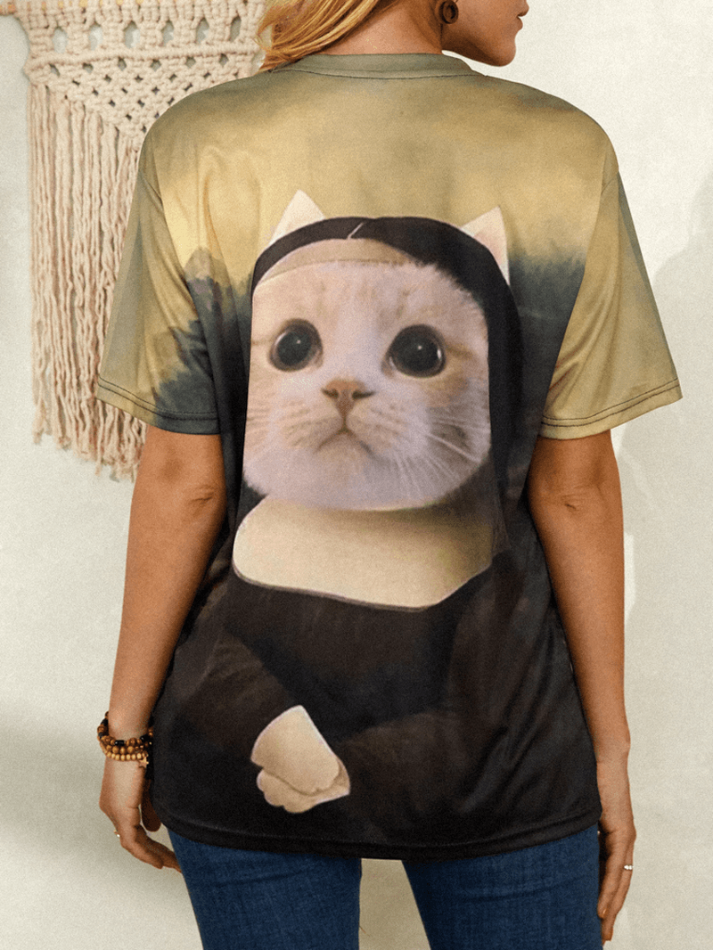 Women Funny Cat Print round Neck Short Sleeve T-Shirts - MRSLM