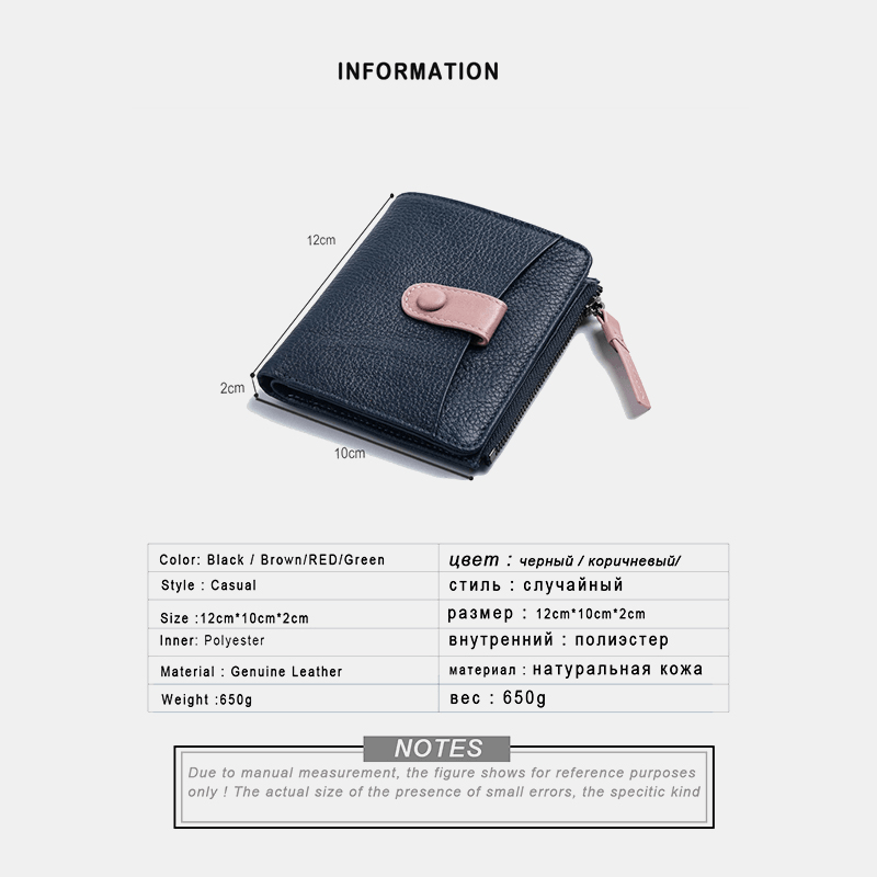 Women Genuine Leather Bifold Hasp Zipper Multifunction Coin Purse Money Clip Short Wallet - MRSLM