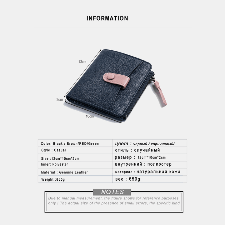 Women Genuine Leather Bifold Hasp Zipper Multifunction Coin Purse Money Clip Short Wallet - MRSLM