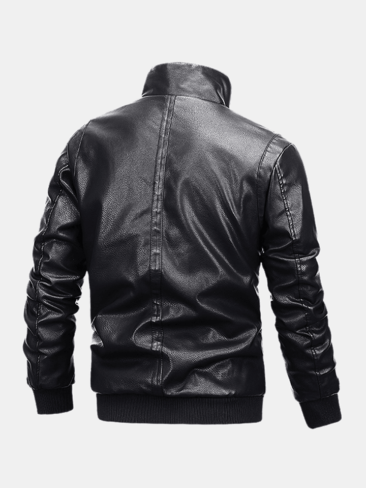 Mens Thicken Zipper Warm Fleece Lined Long Sleeve Leather Biker Jacket - MRSLM