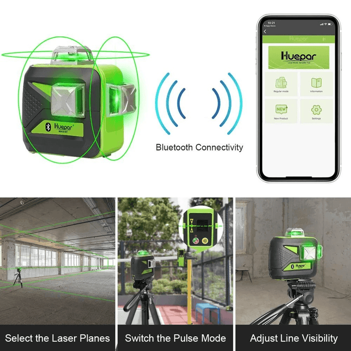 Huepar 603CG BT 3X360° Green Beam 3D Bluetooth Laser Level Self-Leveling Cross Line USB Charge Dry/Li-Ion Battery - MRSLM