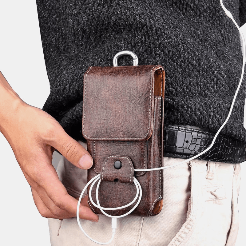 Men Multifunction Earphone Storage Belt Bag Vintage Faux Leather Phone Bag Waist Bag - MRSLM