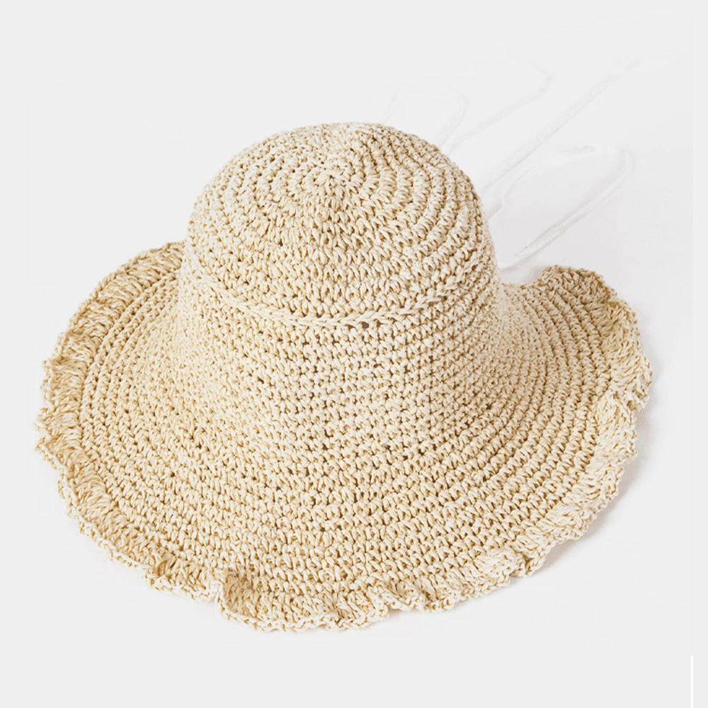 Women Fungus Edge Back Opening Bowknot Straw Hat Summer Sun Protection Bucket Hat - MRSLM