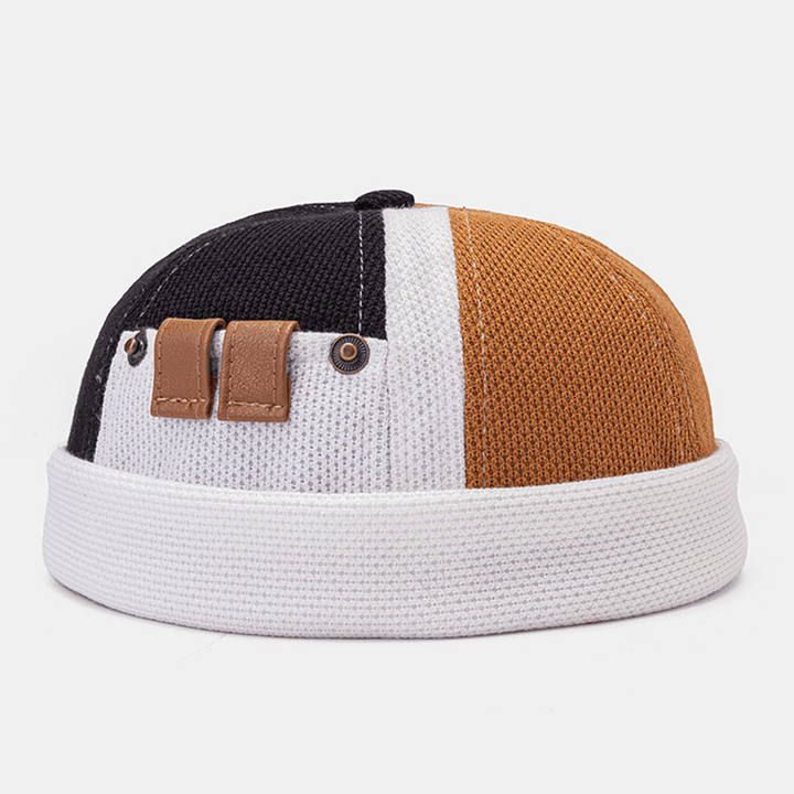 Collrown Men Polar Fleece Color Block Stitching Dome Beanie Skull Cap Autumn Winter Warm Adjustable Leather Buckle Landlord Cap - MRSLM