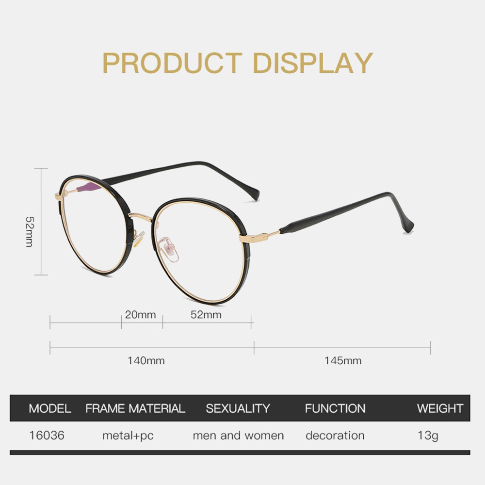 Unisex Fashion Metal Big Frame round Frame Glasses Casual Outdoor Anti-Blue Flat Glasses - MRSLM