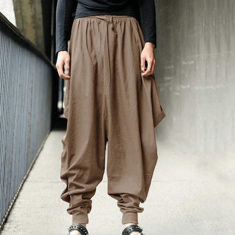 Mens Casual Cotton Linen Solid Color Baggy Loose Harem Pants - MRSLM