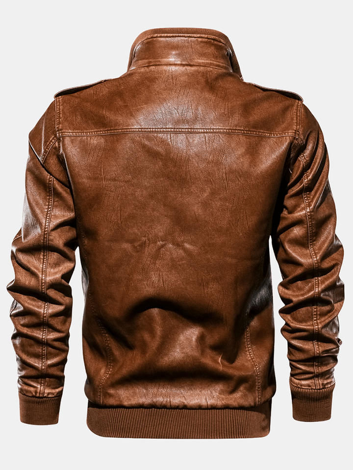 Mens PU Leather Stand Collar Zipper Long Sleeve Jacket with Pocket - MRSLM