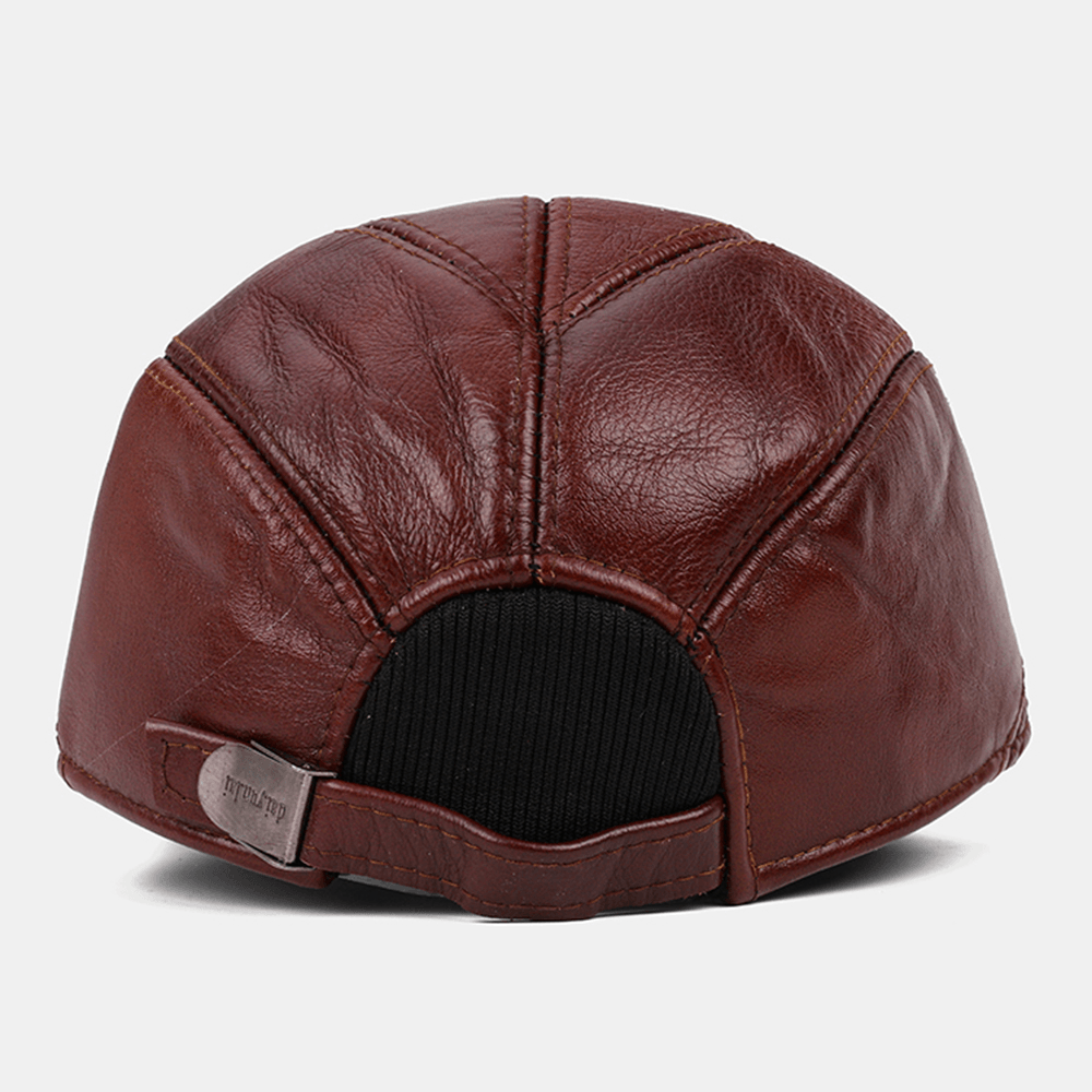 Men Genuine Leather Adjustable round Top Ear Protection Large Brim Keep Warm Baseball Hat - MRSLM