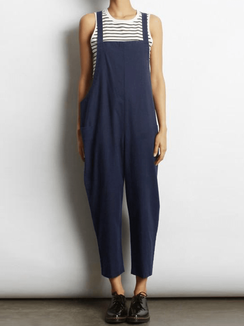 Women Sleeveless Cross Back Overalls Jumpsuit with Pockets - MRSLM