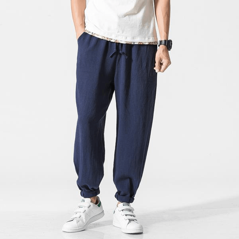 Men'S Summer Loose Cotton Linen Pants Small Feet Thin Breathable Haren Slacks - MRSLM