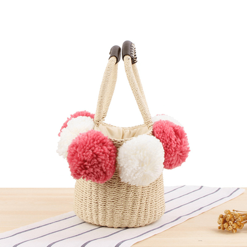 Women Travel Woven Beach Bag Cute Contrast Plush Ball Straw Handbag - MRSLM