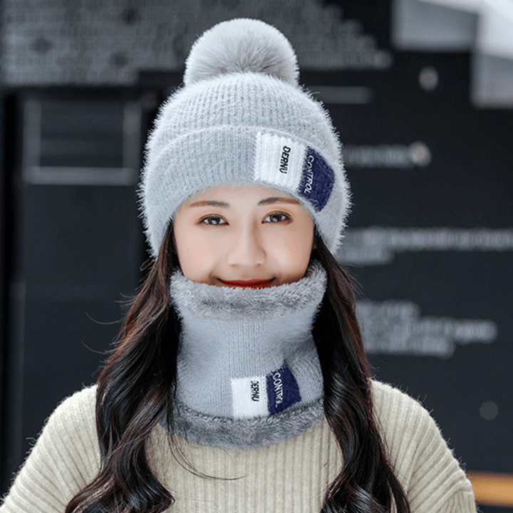 Unisex 2PCS plus Velvet Thicken Warm Windproof Neck Face Protection Riding Knitted Hat Scarf - MRSLM