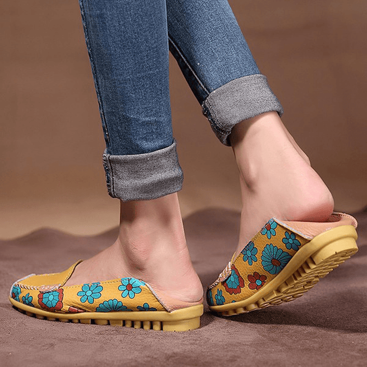 Big Size Women Flower Floral Leather Loafers Moccasins Flats Soft Ballet Shoes round Toe Flats - MRSLM