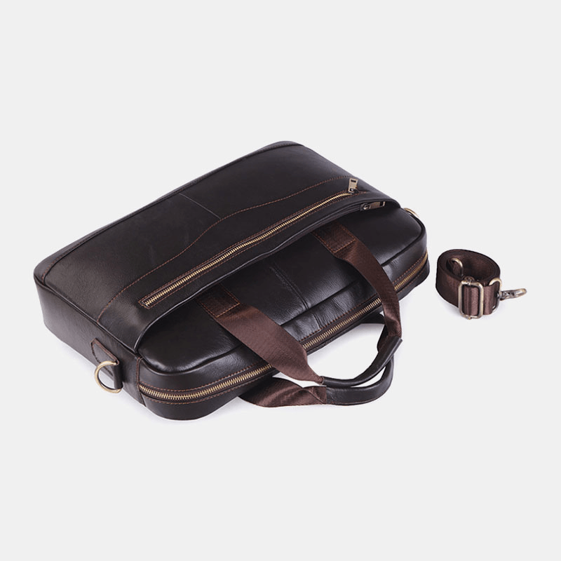 Men Genuine Leather Multi-Function Retro Large Capacity Travel Handbag Cross Body Bag - MRSLM