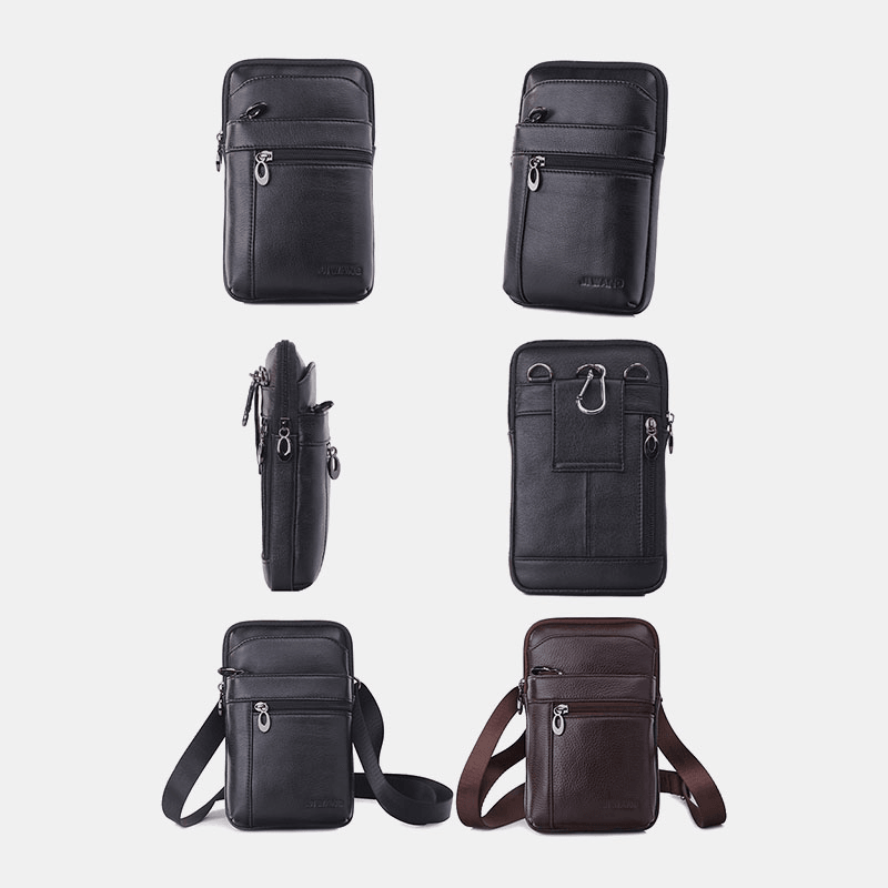 Men Genuine Leather 7 Inch Phone Bag Waist Bag Belt Bag Shoulder Bag Crossbody Bag - MRSLM