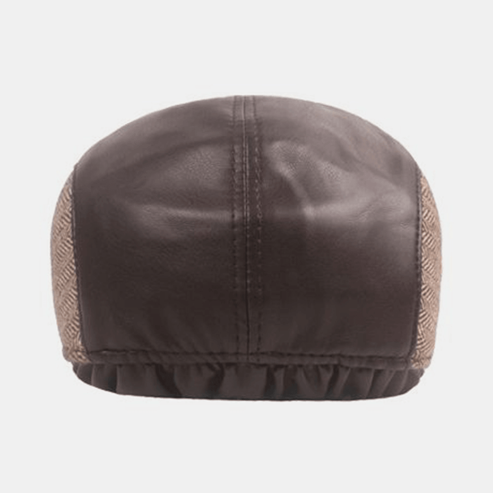 Men PU Leather Herringbone Stitching Beret Cap Autumn Winter Outdoor Ear Protection Earmuffs Warm Forward Cap - MRSLM