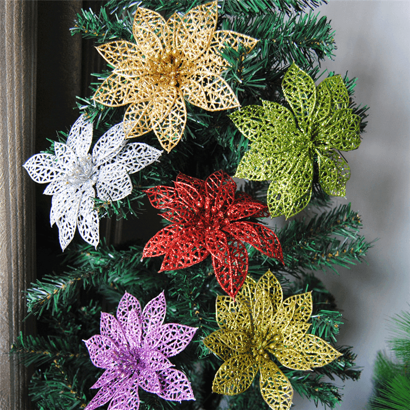 10Pcs Christmas Glitter Hollow Flower Decoration Flowers for Christmas Trees New Year Decorations Wedding Party Decor - MRSLM