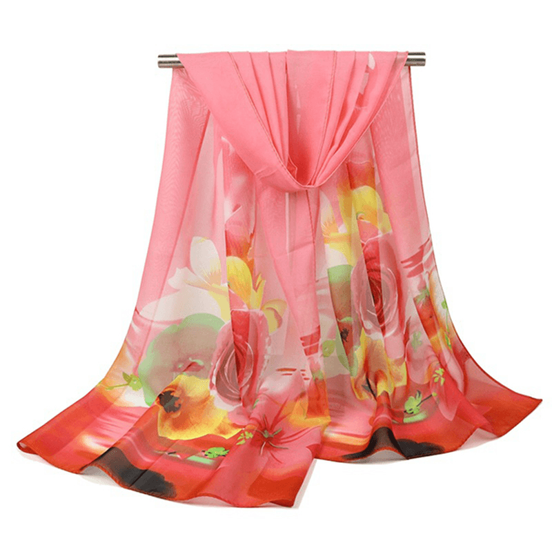 Women Summer Thin Chiffon Scarf Travel Rose Flowers Breathable Shawl - MRSLM