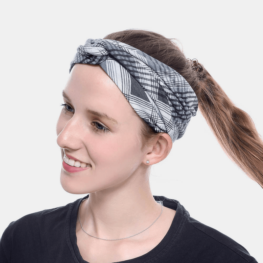 Women Lattice Leaf Printing Outdoor Sport Headdress Elastic Cross Tie Hair Band Headband - MRSLM