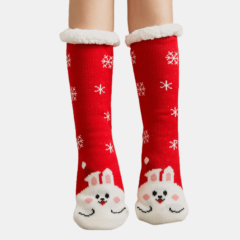 Women Warm Winter Outdoor Christmas Style Cartoon Animals Pattern plus Velvet Thicken Home Sleep Socks Tube Socks - MRSLM