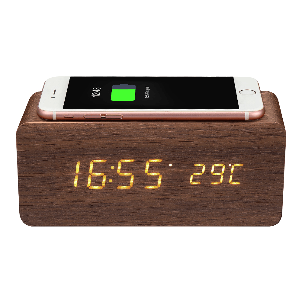 Digoo DG-AC80 LED 12/24 Hour Adjustable Display Wooden Clock Wirless Charging Voice Control Alarm Cl - MRSLM