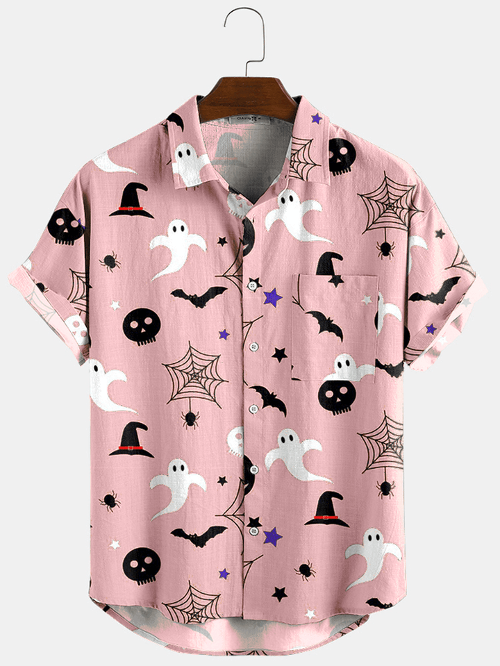 Halloween Cartoon Print Turn down Collar Short Shirts - MRSLM