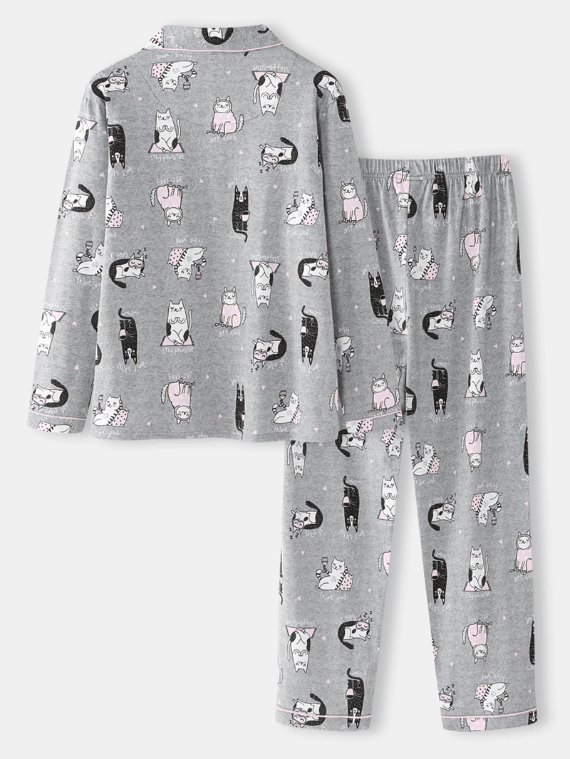 Women Allover Cartoon Cats Print Lapel Long Sleeve Cotton Loungewear Comfy Home Pajamas Sets - MRSLM