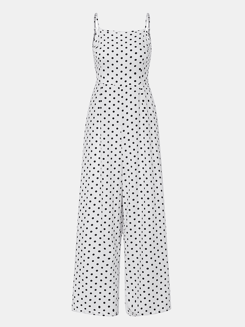 Women Polka Dot Spaghetti Strap Long Rompers Wide Leg Jumpsuit - MRSLM