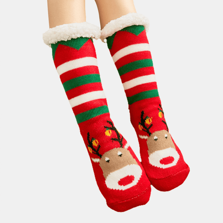 Women Warm Winter Outdoor Christmas Style Stripe Elk Pattern plus Velvet Thicken Home Sleep Socks Tube Socks - MRSLM