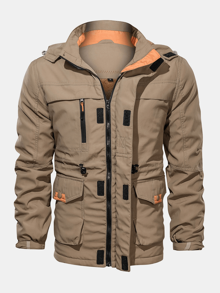 Mens Cotton Pocket Zip-Up Thick Lined Drawstring Waist Hooded Jacket - MRSLM