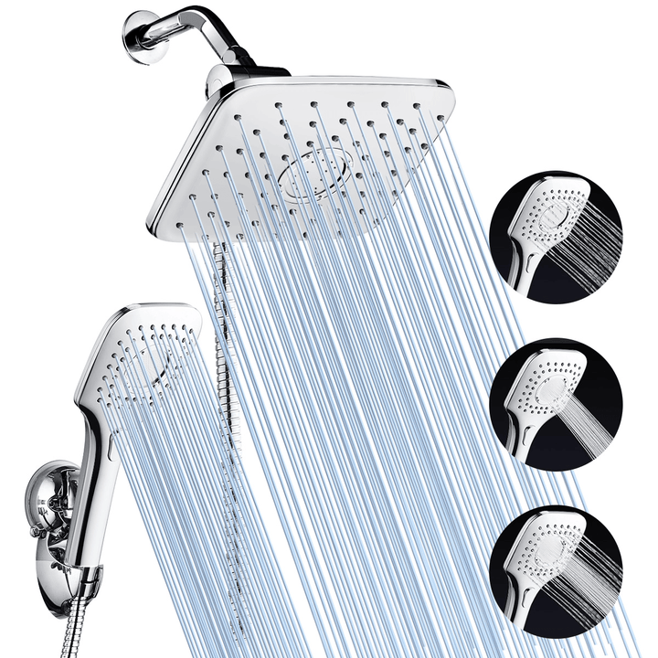 5-In-1 Rainfall Handheld Shower Head Combo 3 Level Adjustable Dual Square Hose - MRSLM