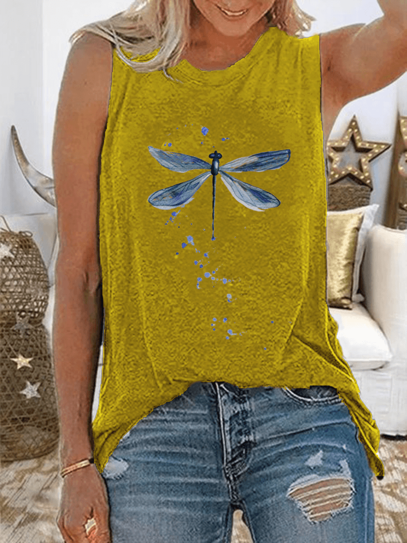 Women Dragonfly Print Sleeveless Casual Tank Tops - MRSLM