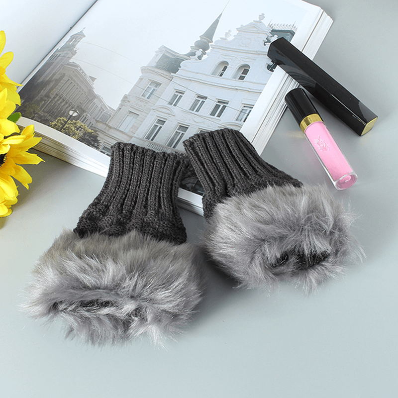 Women Winter Warm Knitted Thicken Fingerless Gloves Artificial Rabbit Hair Half Finger Sleeve - MRSLM