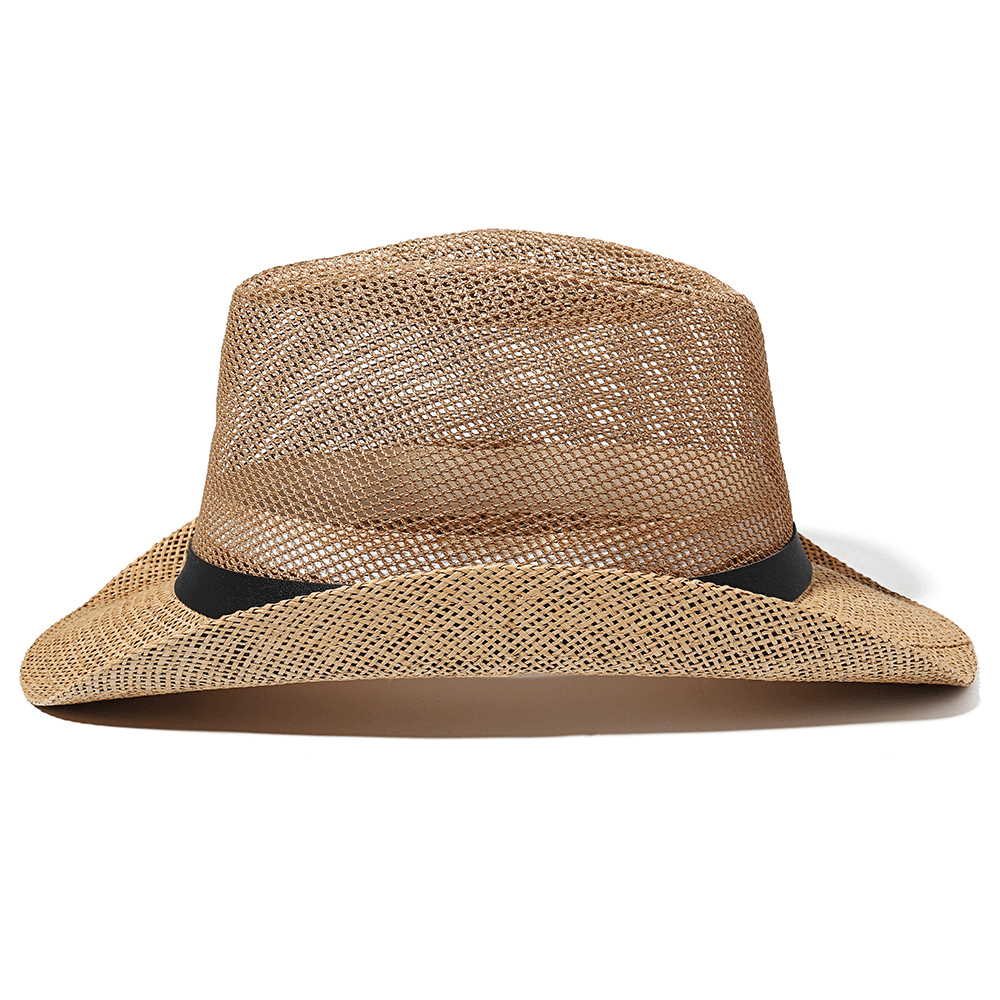 Men Outdoor Breathable Mesh Bowler Jazz Hat Cowboy Sunshade Straw Hat - MRSLM